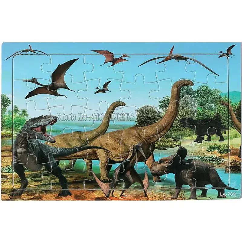 30Pcs Animals Dinosaur Puzzle Wooden Preschool Kids Cartoon Learning Educational Christmas Toys