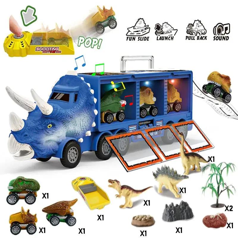 Dinosaur Transport Toy Truck Pull Back Vehicles Dino Container Storage Car Model Lighting Music Kids Boys Children Birthday Gift