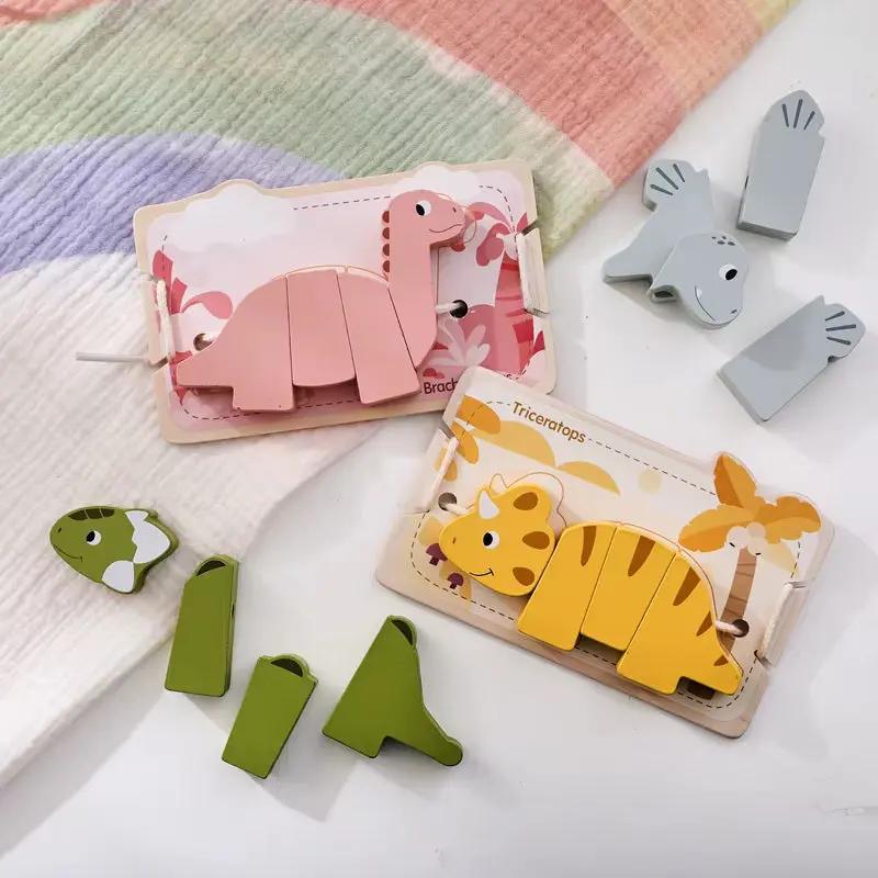 Wooden Animal Threading Toy Cartoon Dinosaur Puzzle Kid Montessori Educational Toy Baby Finger Fine Sports Toy Gift for Children