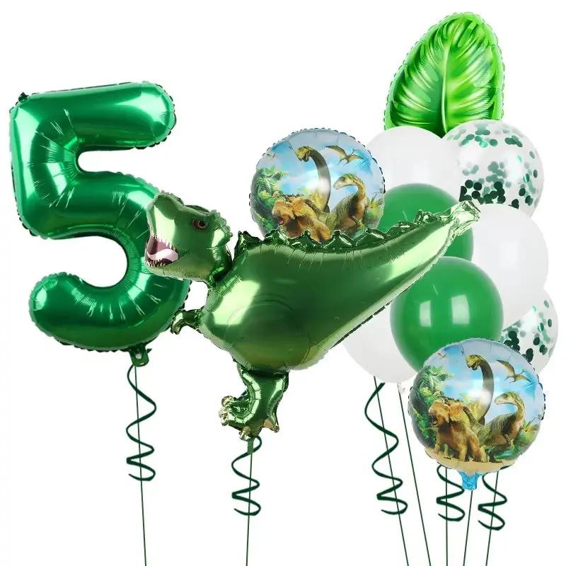 1Set Dinosaur 32Inch Number Leaf Aluminum Film Balloon Set Jurassic Dinosaur Theme Green Balloon Kids Birthday Party Supplies