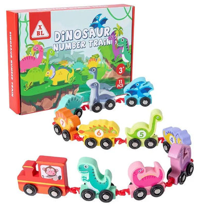 Magnetic Wooden Dinosaurs Train Set 11Pcs Number Wooden Toy Learning Cars with Numbers Color Train for Kids 2-5 Montessori Toys