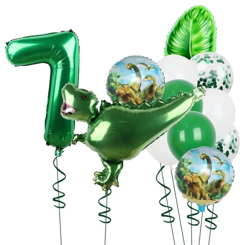 1Set Dinosaur 32Inch Number Leaf Aluminum Film Balloon Set Jurassic Dinosaur Theme Green Balloon Kids Birthday Party Supplies