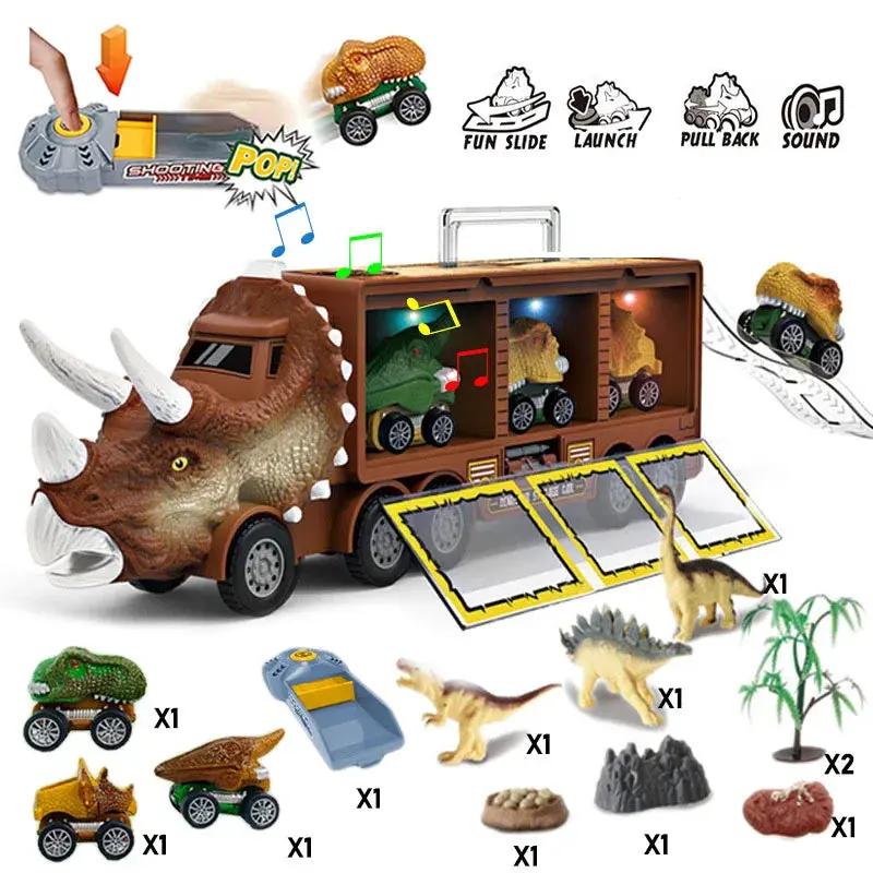 Dinosaur Transport Toy Truck Pull Back Vehicles Dino Container Storage Car Model Lighting Music Kids Boys Children Birthday Gift