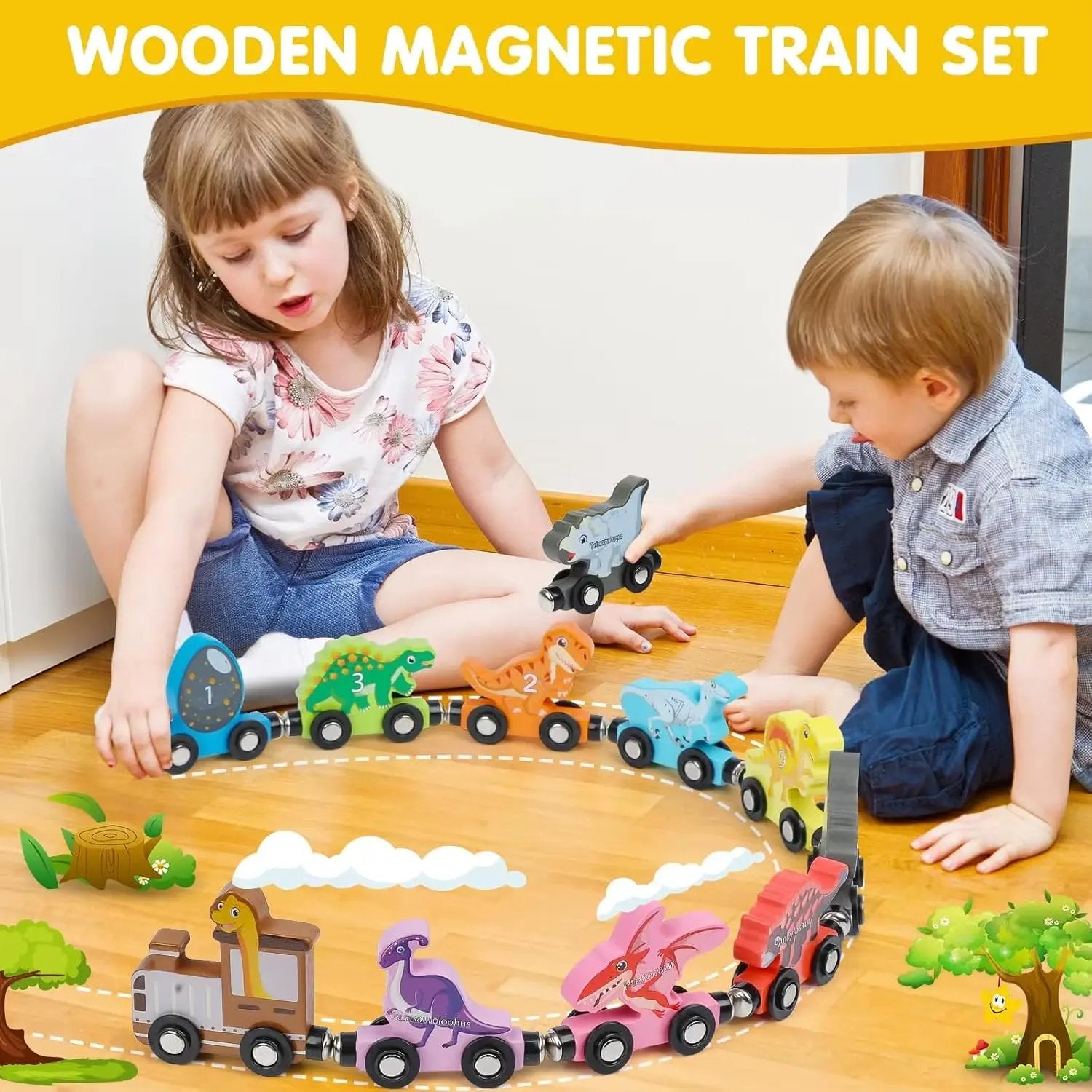Montessori Magnetic Wooden Train Toys Early Educational Cognition Color Toy Learning Cars Animal Fruits Puzzle Train Set for Kid