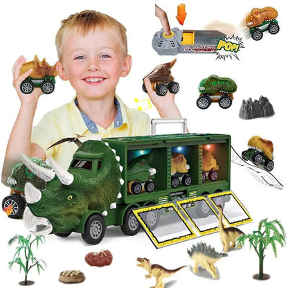 Dinosaur Transport Toy Truck Pull Back Vehicles Dino Container Storage Car Model Lighting Music Kids Boys Children Birthday Gift