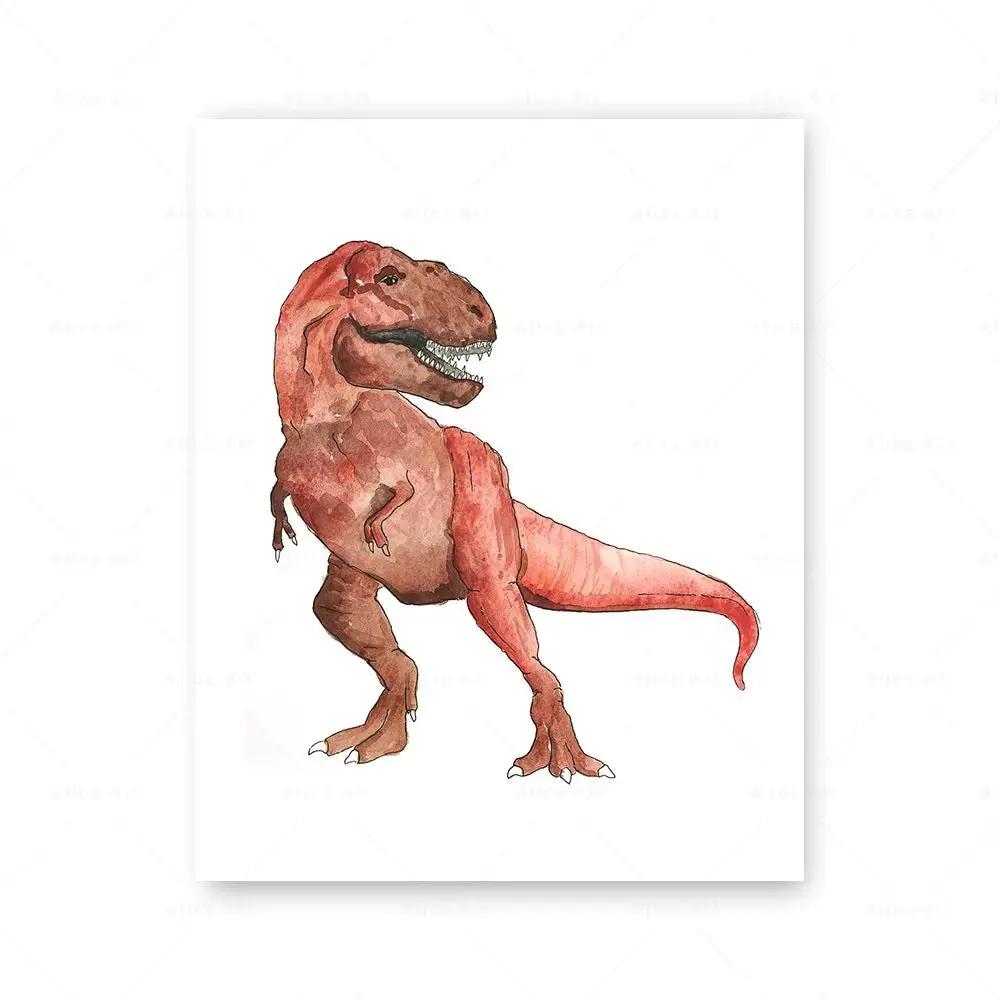 Watercolor Dinosaur Poster Dinosaur Footprints Skeleton Wall Art Canvas Painting T-Rex Print Nursery Baby Kids Boys Room Decor