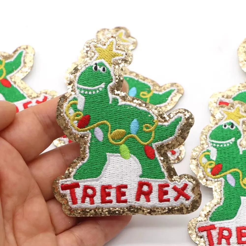 1PC Dinosaur Golden Edges Embroidery Patches Iron on Patch Christmas Paste for Bags Hat DIY Clothing Decor Repair Badeges