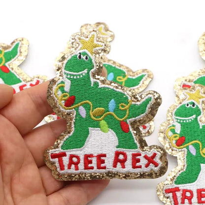1PC Dinosaur Golden Edges Embroidery Patches Iron on Patch Christmas Paste for Bags Hat DIY Clothing Decor Repair Badeges