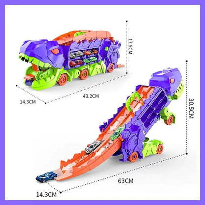 Transport Dinosaur Truck with Foldable Sliding Race Track Car Model Transforms into Standing T-Rex Gift Puzzle Toy Boy Girl