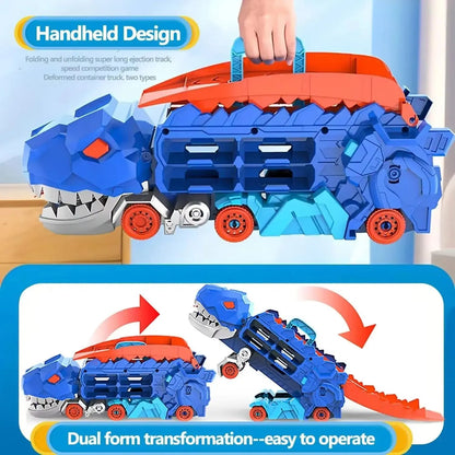 City Dinosaur Devouring Car Ultimate Hauler Track Toy Ultimate Transporter Hauler with 4 Alloy Car Toddler Truck Toys Boy Gifts