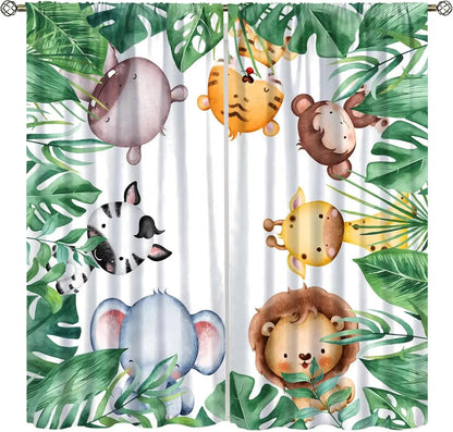 Toddler Dinosaur Curtains, Blue Cartoon Forest Plant Jurassic Cute Dinosaur Animal Windows Treatments Drapes for Boys Kids