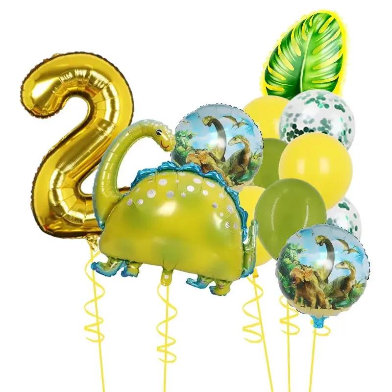 1Set Dinosaur 32Inch Number Leaf Aluminum Film Balloon Set Jurassic Dinosaur Theme Green Balloon Kids Birthday Party Supplies