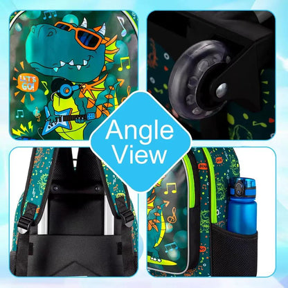 3Pcs Dinosaur Rolling Backpack for Boys, Kids School Backpacks with Wheels, Roller Bookbag with Lunch Box for Elementary