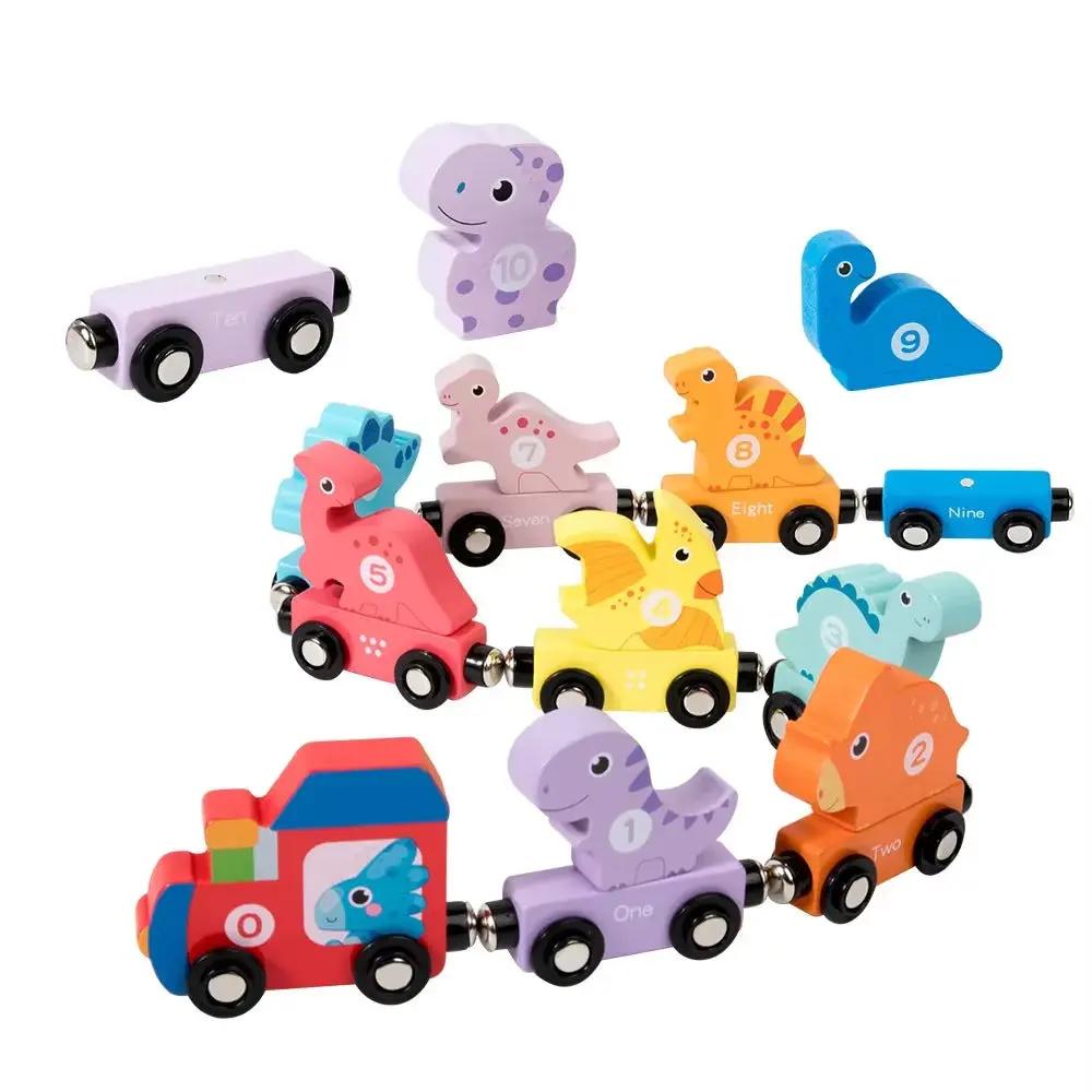 Educational Wooden Magnetic Toy Dinosaurs Train Early Learning Number Matching Desktop Puzzle Toys for Children Montessori Conce