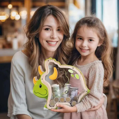 Wood Dinosaur Shape Money Box Piggy Banks Kids Coin Storage Case Children Cash Saving Transparent Home Decor