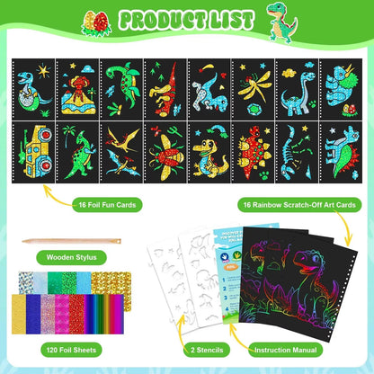 Dinosaur Scratch Art Book for Kids Foil and Scratch Art Paper No Mess Art Crafts DIY Creative Activity Kit for Birthdy Gifts