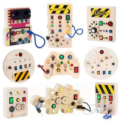 Montessori Busy Board Sensory Toys Wooden with LED Light Switch Control Board Travel Activities Children Games for 2-4 Years Old