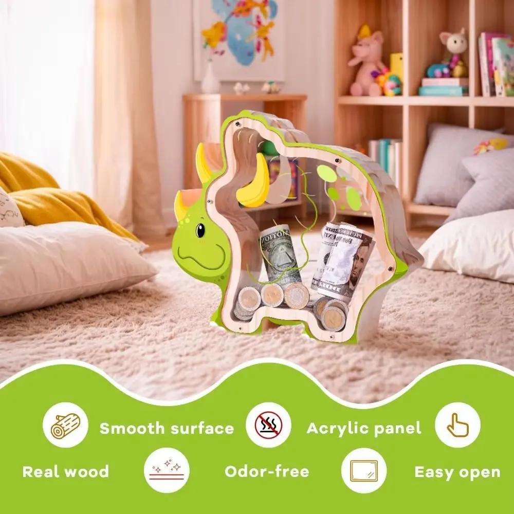 Wood Dinosaur Shape Money Box Piggy Banks Kids Coin Storage Case Children Cash Saving Transparent Home Decor