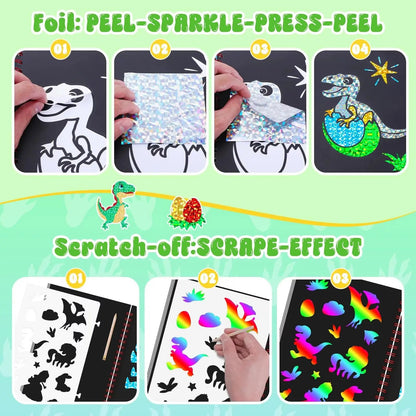 Dinosaur Scratch Art Book for Kids Foil and Scratch Art Paper No Mess Art Crafts DIY Creative Activity Kit for Birthdy Gifts