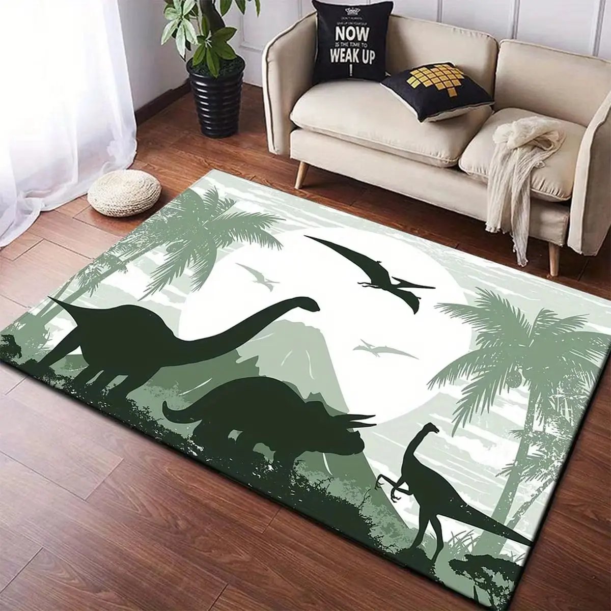 1Pc Dinosaur Pattern Soft Floor Mat - Floor Mat Crystal Velvet, Tropical Palm Tree & Mountain Design, Non-Slip & Durable Rug For