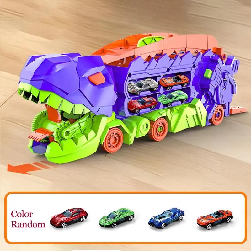 Transport Dinosaur Truck with Foldable Sliding Race Track Car Model Transforms into Standing T-Rex Gift Puzzle Toy Boy Girl