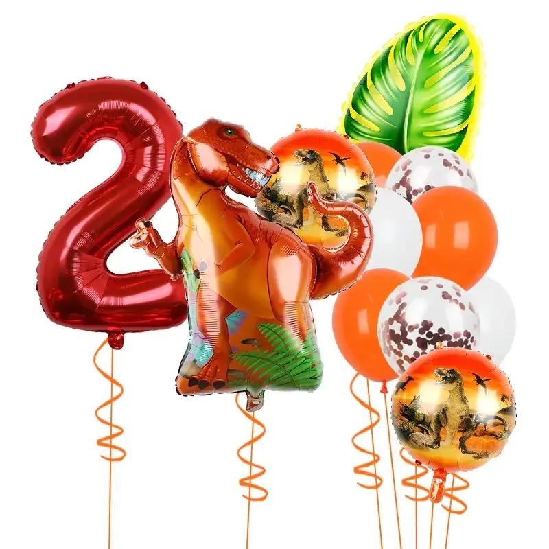 1Set Dinosaur 32Inch Number Leaf Aluminum Film Balloon Set Jurassic Dinosaur Theme Green Balloon Kids Birthday Party Supplies