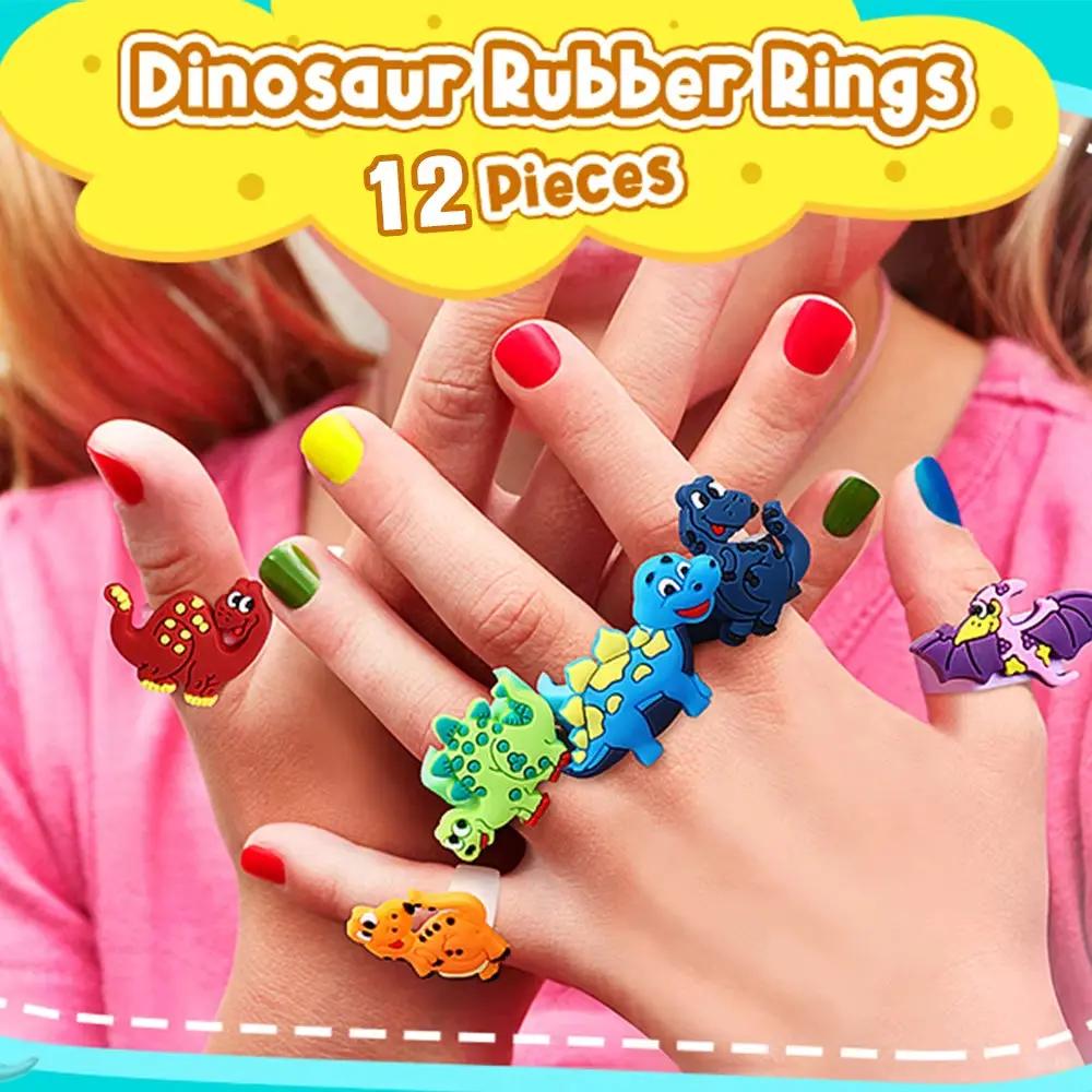 12Pcs Cartoon Dinosaur Rubber Rings Soft Dino Ring Kids Birthday Dinosaur Party Pinata Fillers Boys Girls Favors Suppies Toys