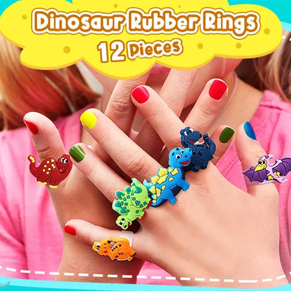12Pcs Cartoon Dinosaur Rubber Rings Soft Dino Ring Kids Birthday Dinosaur Party Pinata Fillers Boys Girls Favors Suppies Toys