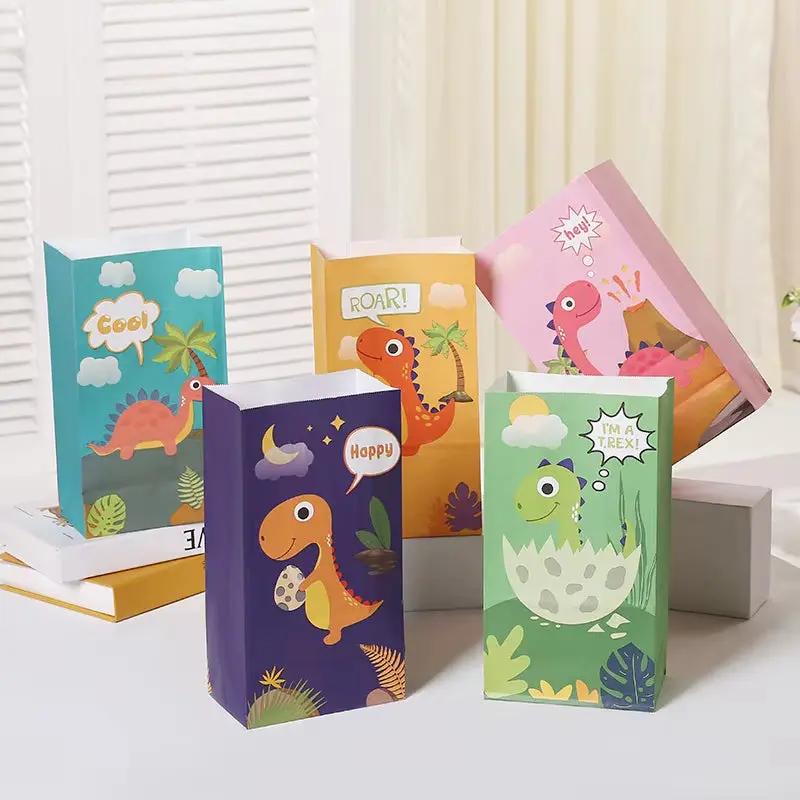 12Pcs Cartoon Dinosaur Birthday Party Paper Bags with Stickers for Kids Dino Jungle Safari Party Gift Goodies Candy Bag Supplies