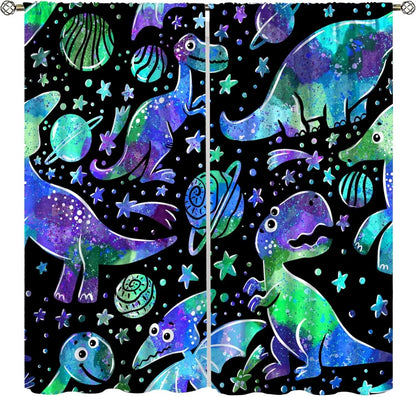 Toddler Dinosaur Curtains, Blue Cartoon Forest Plant Jurassic Cute Dinosaur Animal Windows Treatments Drapes for Boys Kids
