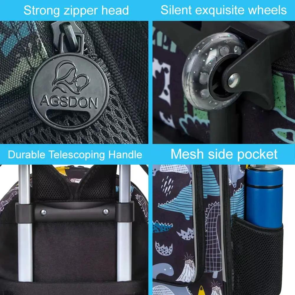 3PCS Rolling Backpack for Girls Boys, Kids Roller Wheels Bookbag, Wheeled School Bag with Lunch Bag