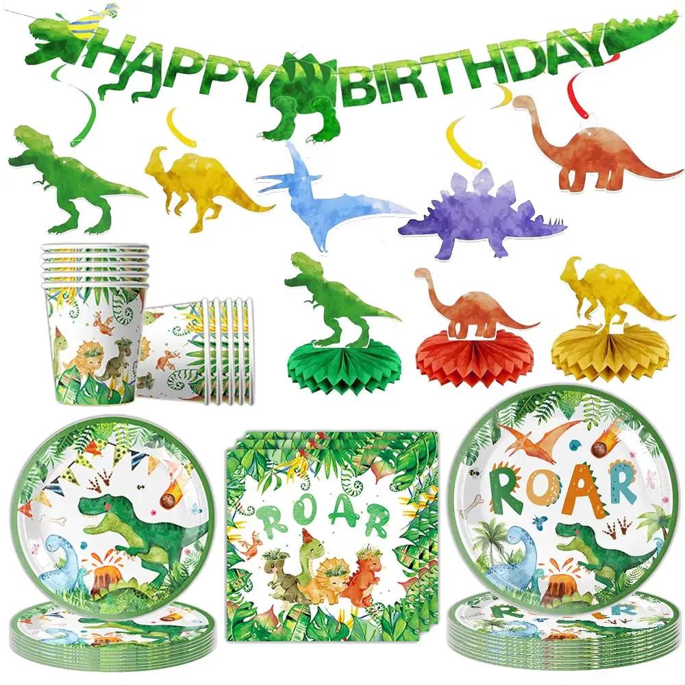 Dinosaur Birthday Party Supplies Disposable Tableware Dino Roar Plates Napkins Cups Tablecloth Banner Party Decorations for Boys
