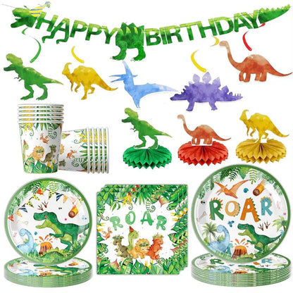 Dinosaur Birthday Party Supplies Disposable Tableware Dino Roar Plates Napkins Cups Tablecloth Banner Party Decorations for Boys