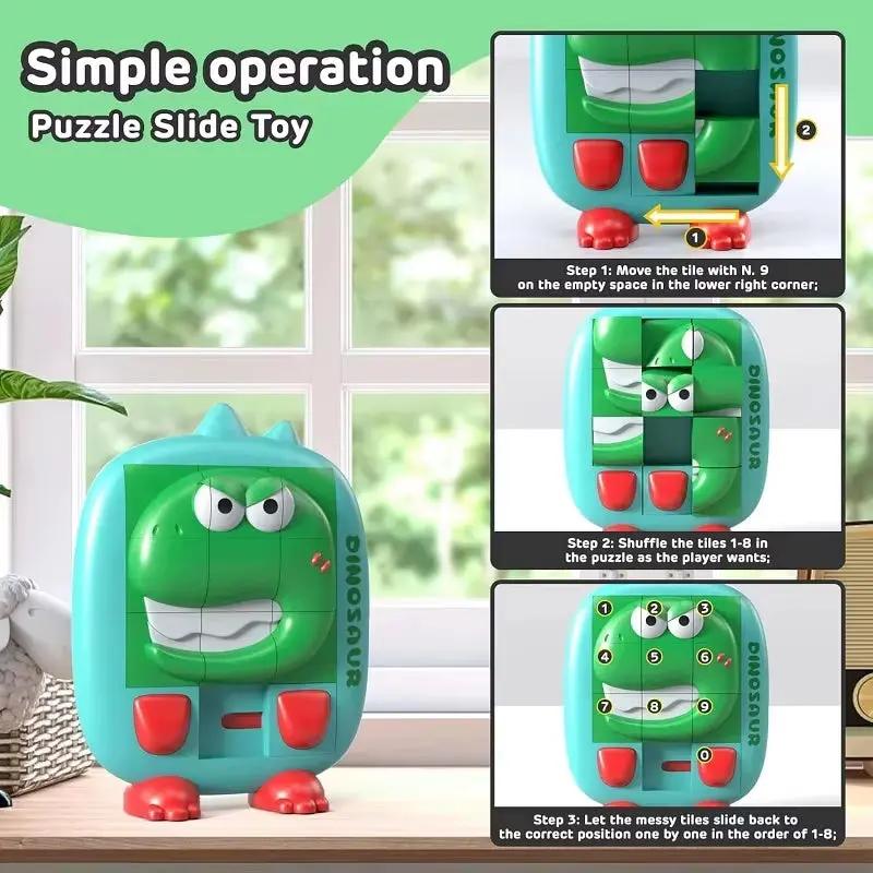 Cartoon Dinosaur Slide Puzzle Game Huarong Road Puzzle Board Educational Smart Logic Board Game for Children Ages 2-6 Travel Toy