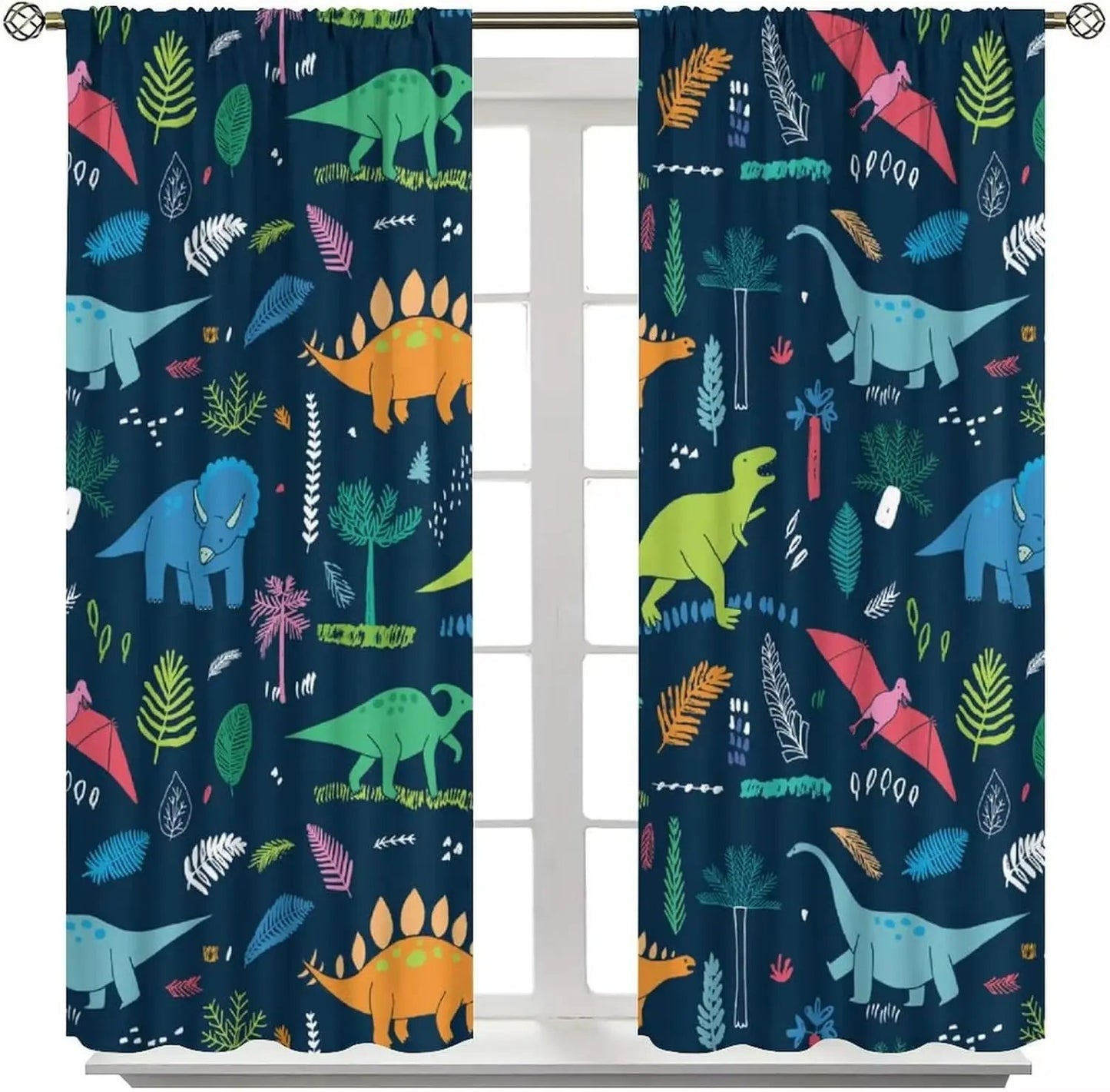 Toddler Dinosaur Curtains, Blue Cartoon Forest Plant Jurassic Cute Dinosaur Animal Windows Treatments Drapes for Boys Kids