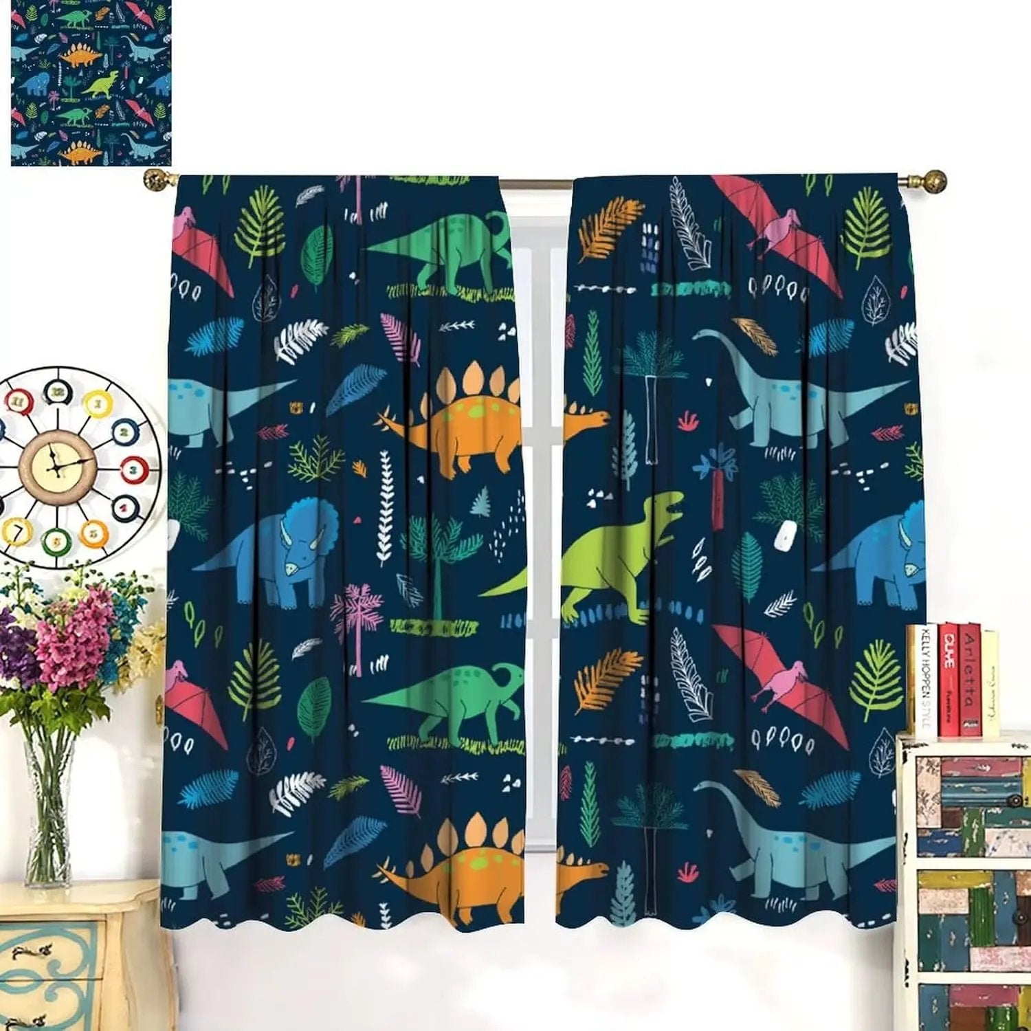 Toddler Dinosaur Curtains, Blue Cartoon Forest Plant Jurassic Cute Dinosaur Animal Windows Treatments Drapes for Boys Kids