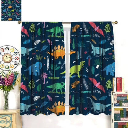 Toddler Dinosaur Curtains, Blue Cartoon Forest Plant Jurassic Cute Dinosaur Animal Windows Treatments Drapes for Boys Kids