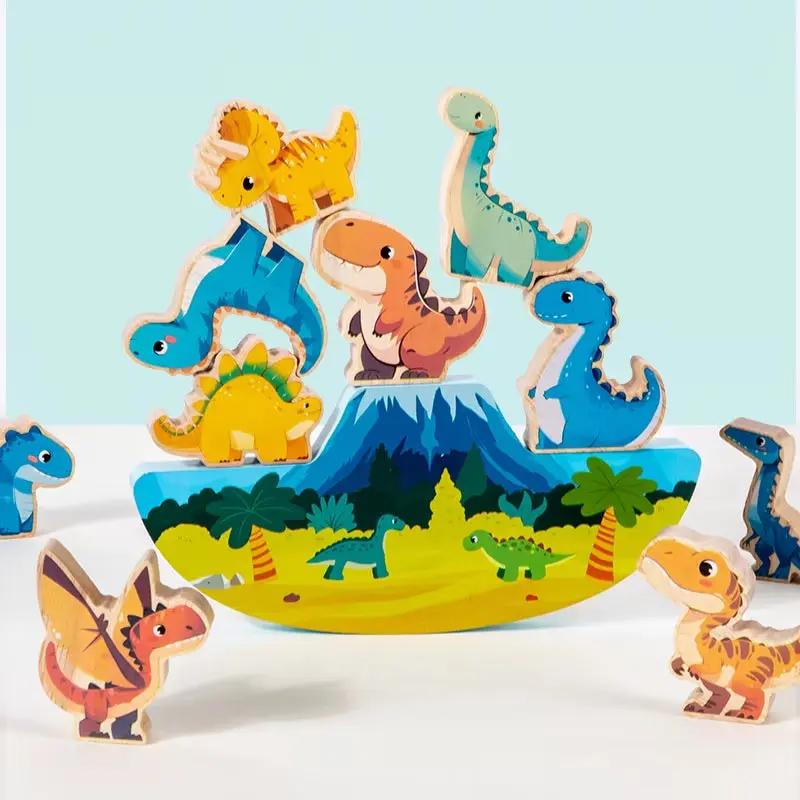 Wooden Animal Dinosaur Building Stacking High Balance Blocks Montessori Toy for Kids Cartoon Jigsaw Puzzle Educational Gifts