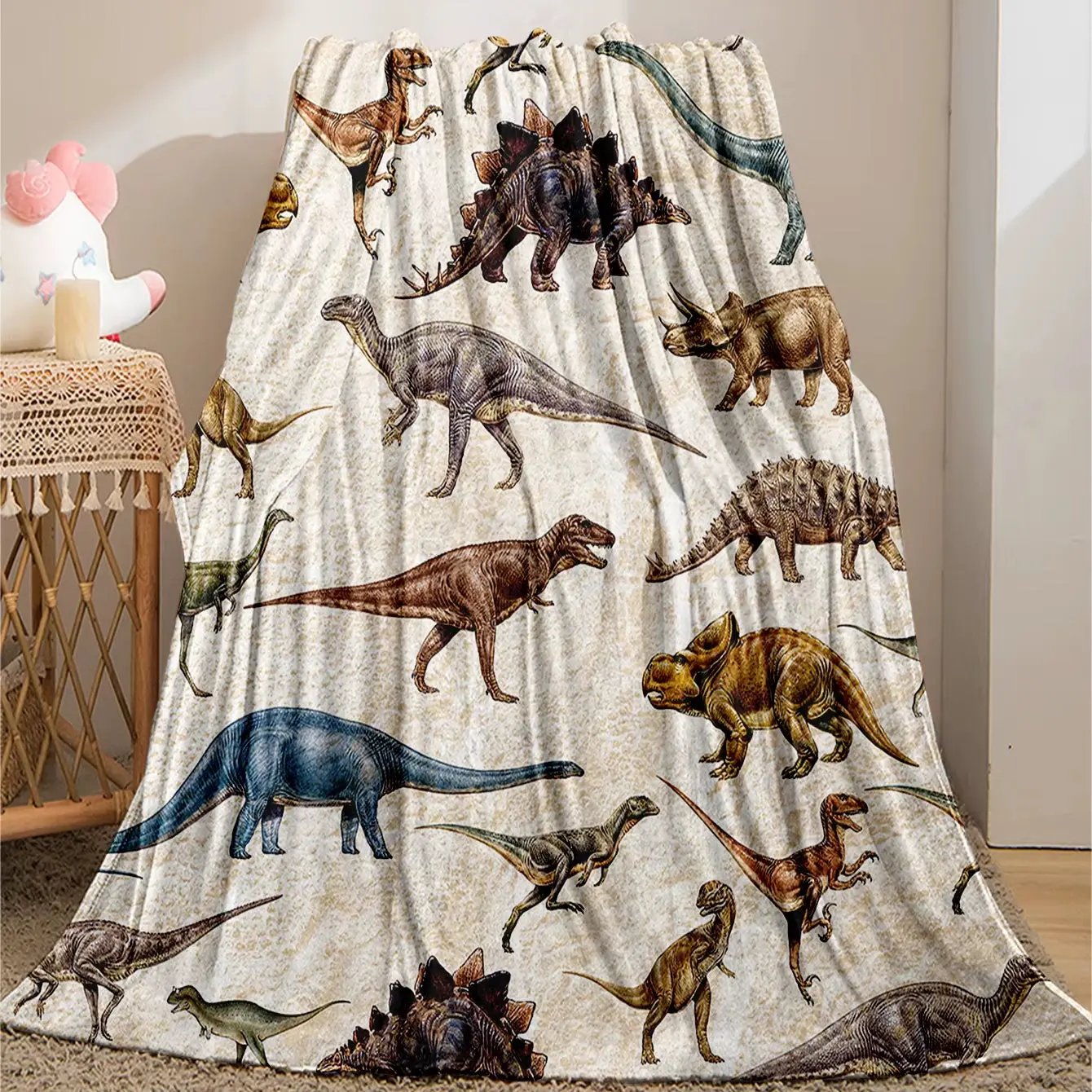 1Pc Soft and Warm Dinosaur Print Flannel Blanket for Sofa, Bed, and Office - Perfect Christmas, Halloween, and Birthday Gift