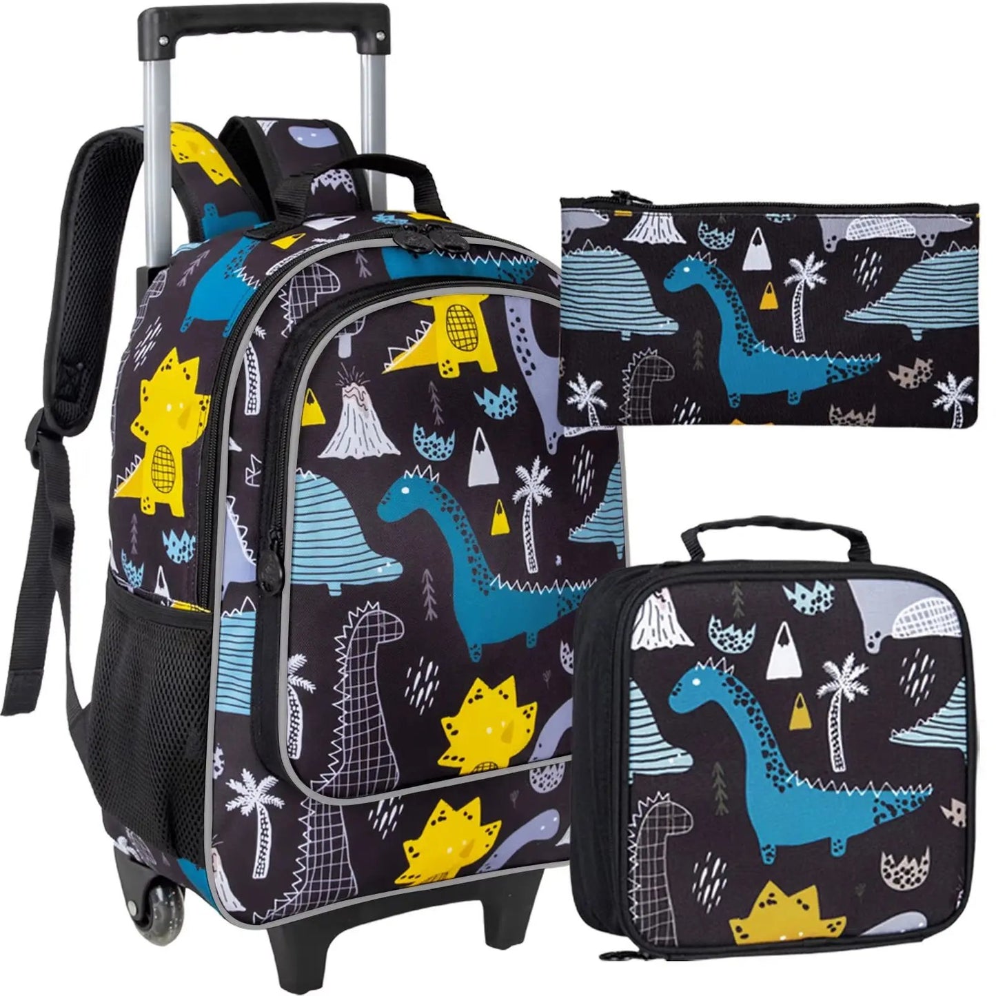 3PCS Rolling Backpack for Girls Boys, Kids Roller Wheels Bookbag, Wheeled School Bag with Lunch Bag