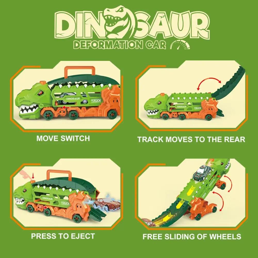 Transport Dinosaur Truck with Foldable Sliding Race Track, Transforms into Standing T-Rex & Trike, Best Birthday Gift for Kids