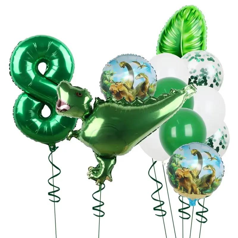 1Set Dinosaur 32Inch Number Leaf Aluminum Film Balloon Set Jurassic Dinosaur Theme Green Balloon Kids Birthday Party Supplies