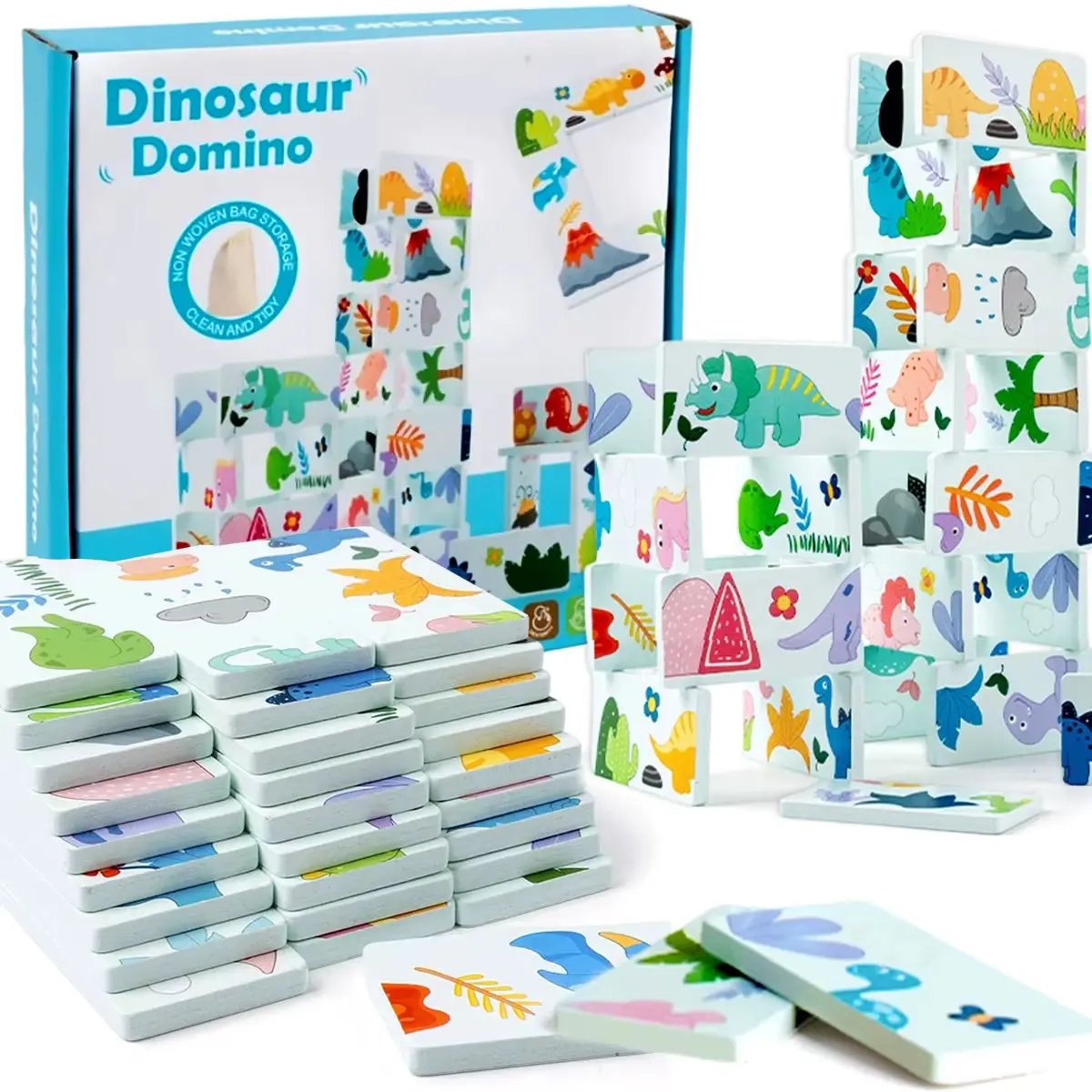 Kids Educational Dinosaur Domino Matching Exercise Fine Motor Hand-Eye Coordination Stacking Building Blocks Montessori Toys