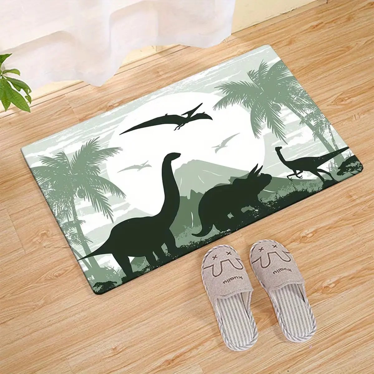 1Pc Dinosaur Pattern Soft Floor Mat - Floor Mat Crystal Velvet, Tropical Palm Tree & Mountain Design, Non-Slip & Durable Rug For