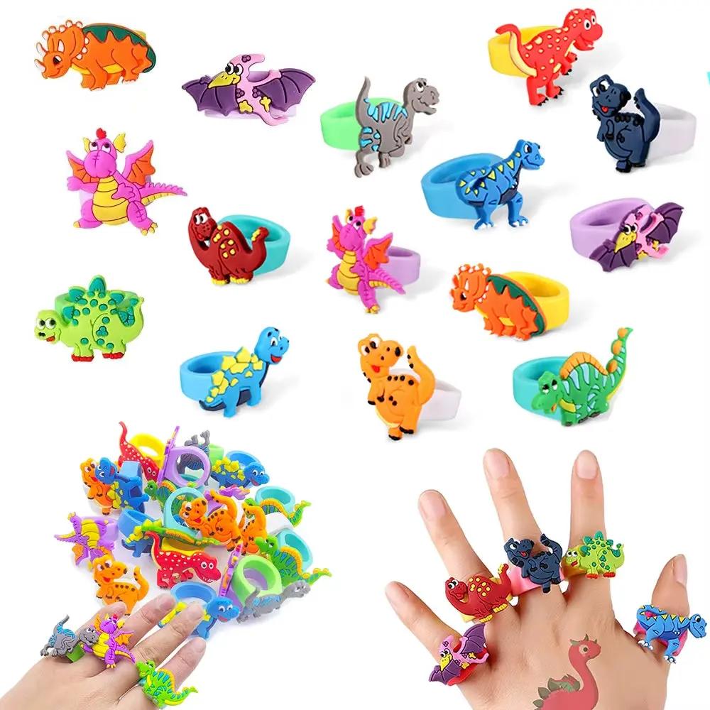 12Pcs Cartoon Dinosaur Rubber Rings Soft Dino Ring Kids Birthday Dinosaur Party Pinata Fillers Boys Girls Favors Suppies Toys