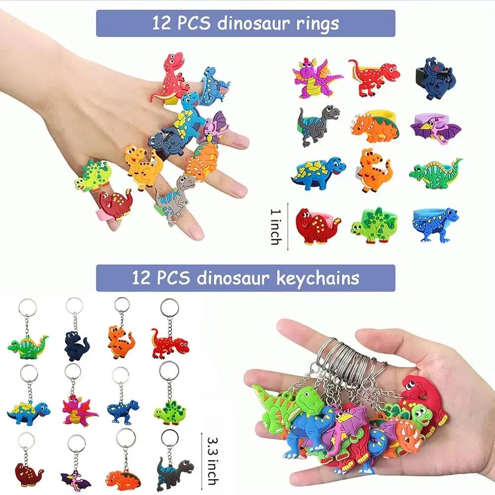 Dinosaur Party Goodie Bags Fillers Tattoo Keychain Rubber Slap Bracelet Dino Ring Kids Dinosaur Birthday Party Supplies Gift Toy
