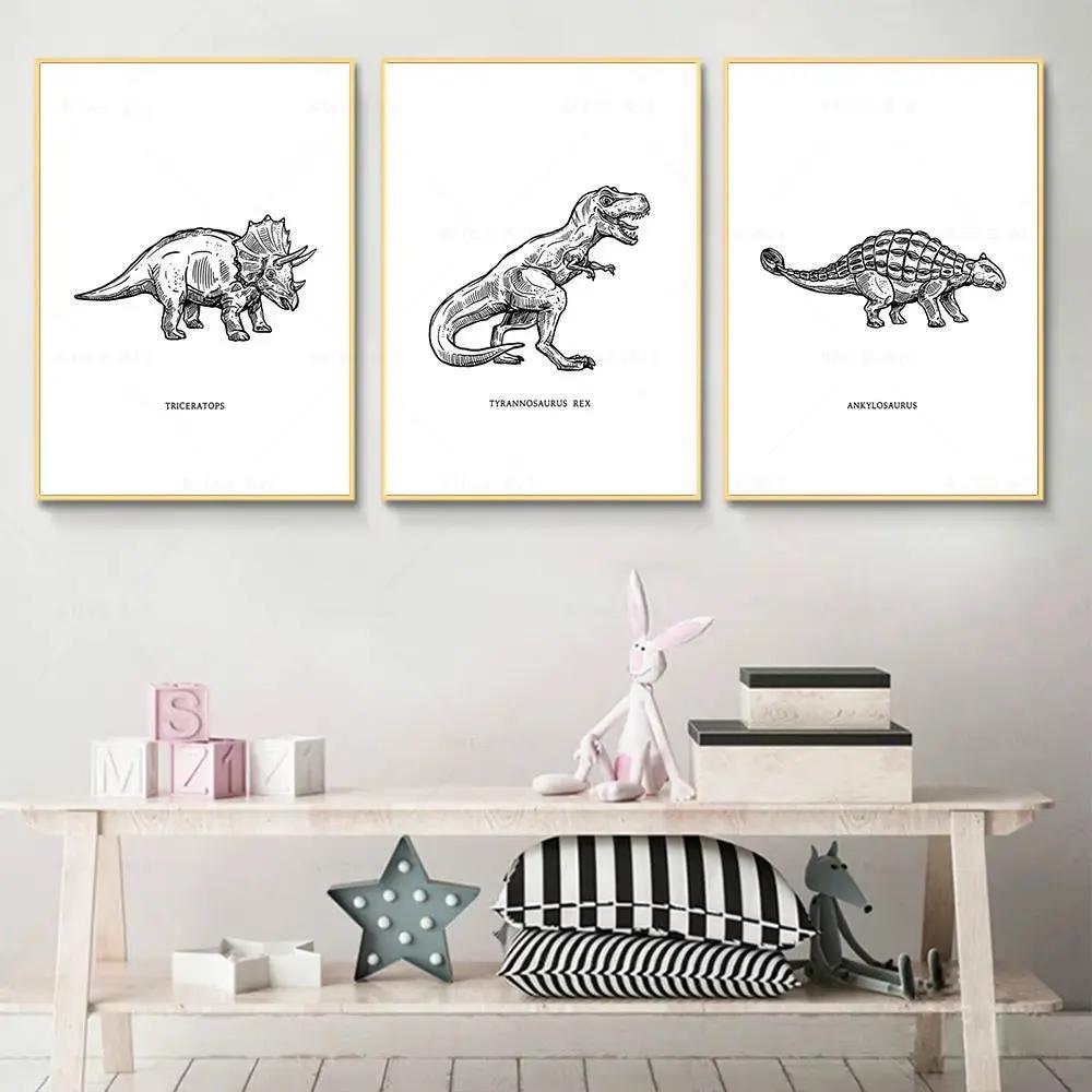 Dinosaur Sketch Paleontology Wall Art Canvas Painting Dinosaur Nordic Poster Print Wall Picture for Boy Kids Room Playroom Decor