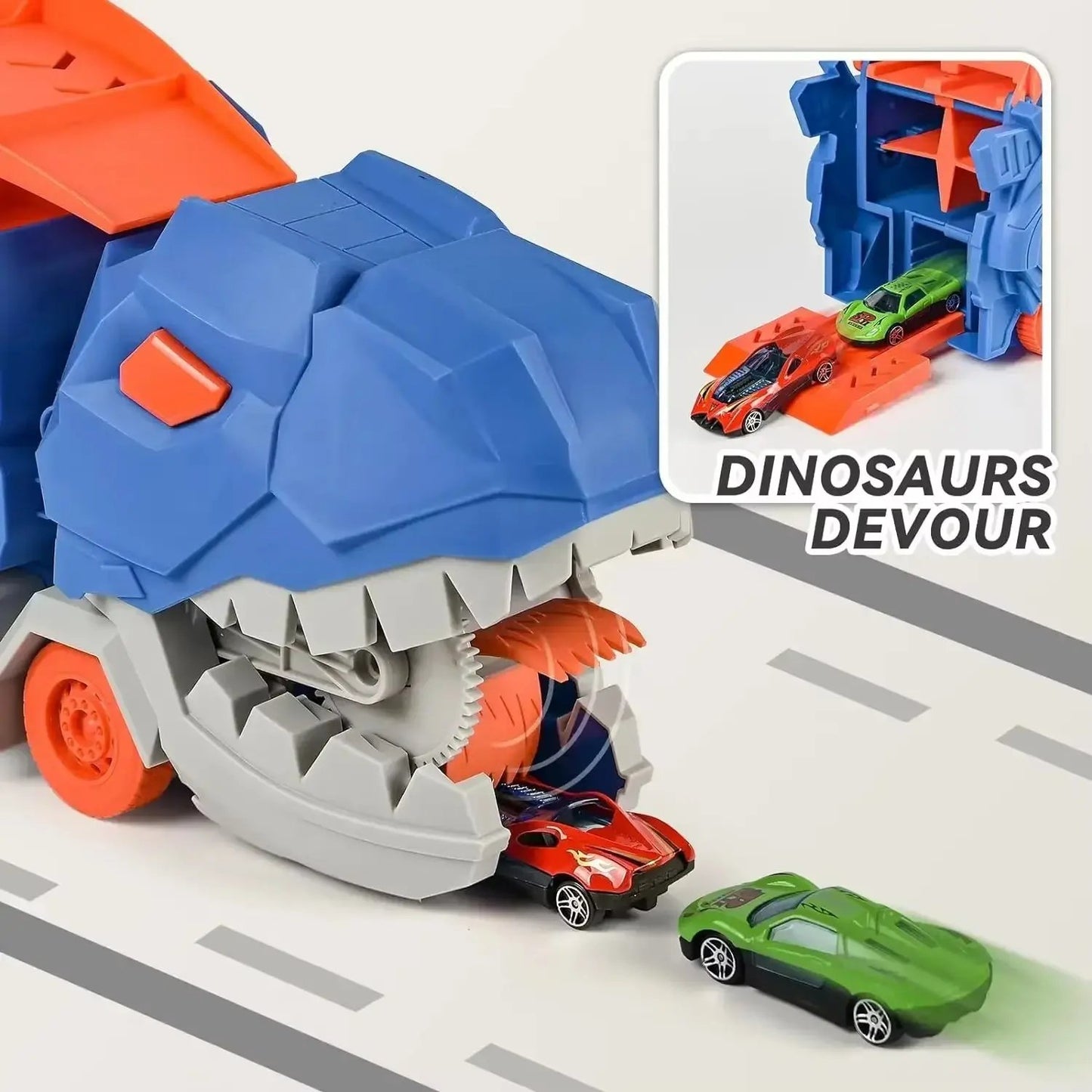 City Dinosaur Devouring Car Ultimate Hauler Track Toy Ultimate Transporter Hauler with 4 Alloy Car Toddler Truck Toys Boy Gifts