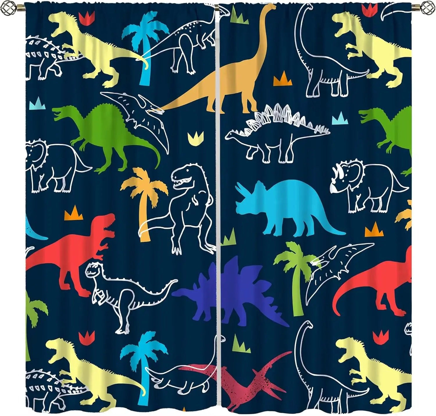 Toddler Dinosaur Curtains, Blue Cartoon Forest Plant Jurassic Cute Dinosaur Animal Windows Treatments Drapes for Boys Kids