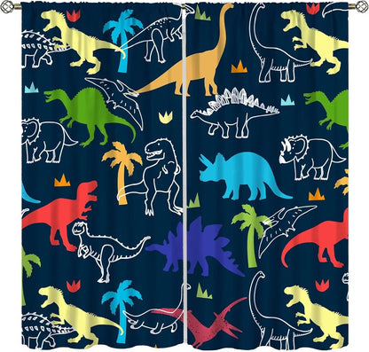 Toddler Dinosaur Curtains, Blue Cartoon Forest Plant Jurassic Cute Dinosaur Animal Windows Treatments Drapes for Boys Kids